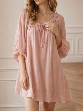 Auguste The Label Dusty Pink Sheer Puff Sleeve Boho Cottagecore Shirt Dress